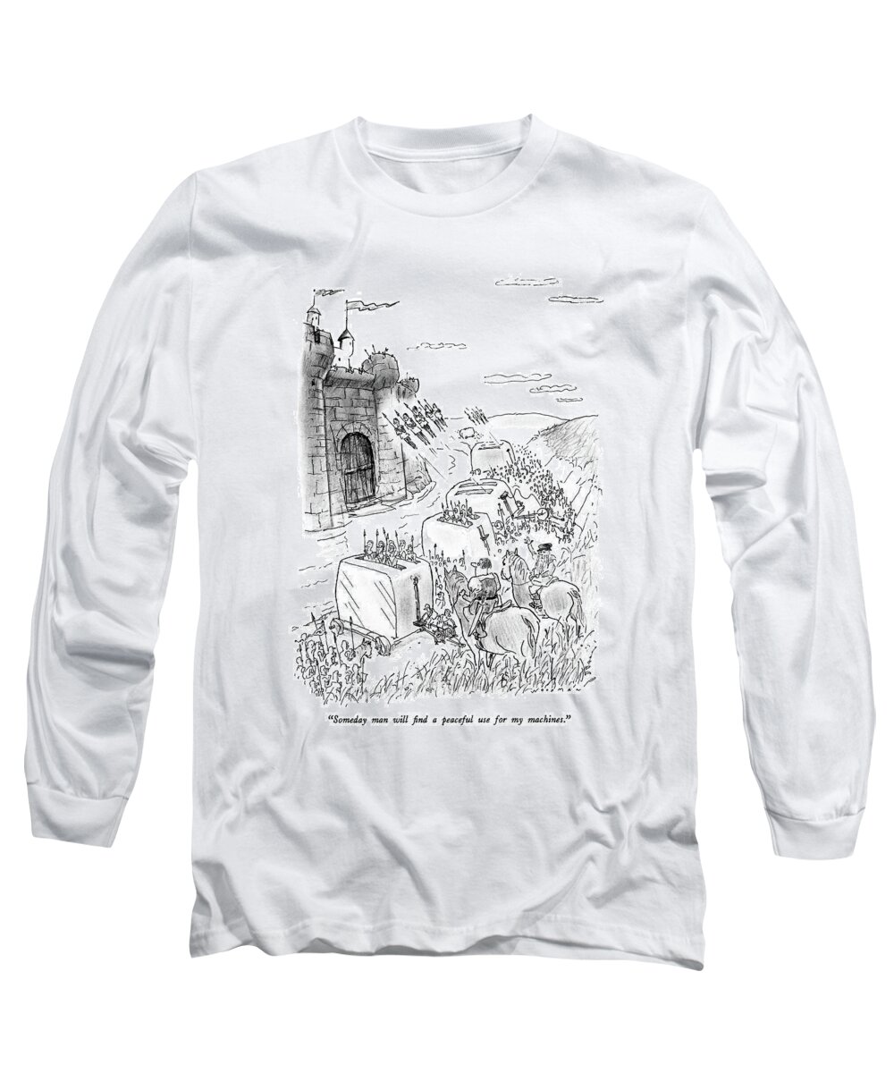 

 Da Vincilike Man On A Horse Long Sleeve T-Shirt featuring the drawing Someday Man Will Find A Peaceful Use by Bill Woodman