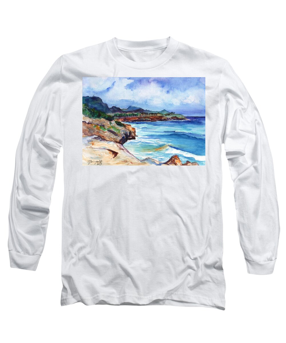 Kauai South Shore Long Sleeve T-Shirt featuring the painting South Shore Hike by Marionette Taboniar