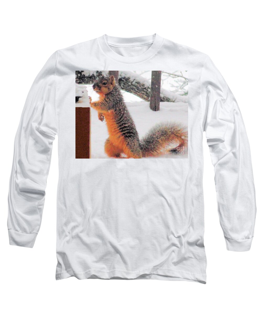 Squirrel Long Sleeve T-Shirt featuring the photograph Squirrel Checking out Seeds by Janette Boyd