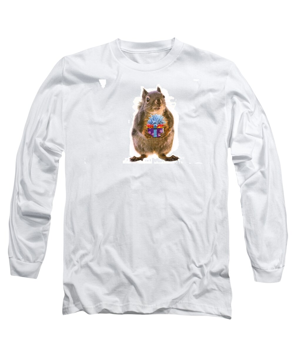 Birthday Long Sleeve T-Shirt featuring the photograph Squirrel with Gift by Peggy Collins