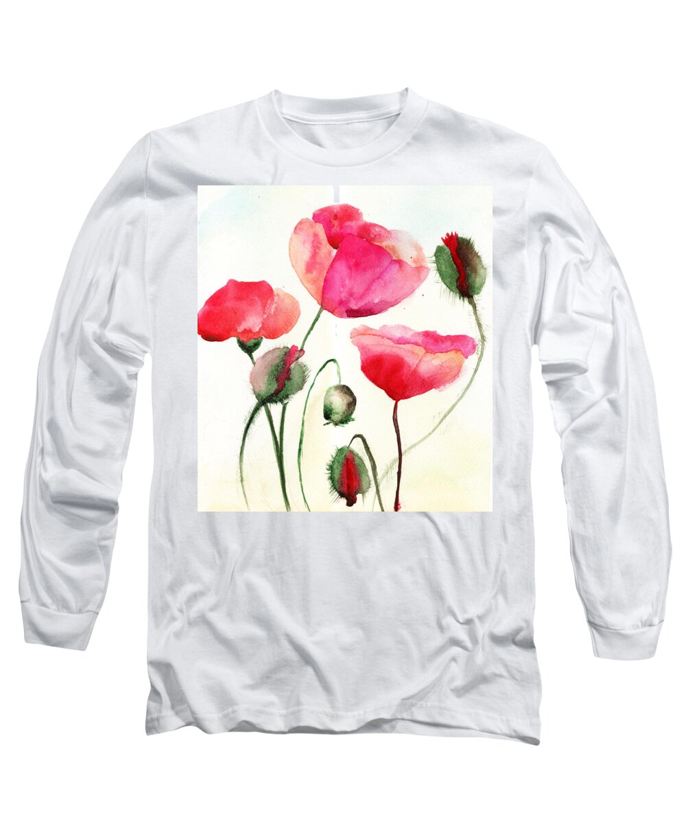 Backdrop Long Sleeve T-Shirt featuring the painting Stylized Poppy flowers illustration by Regina Jershova