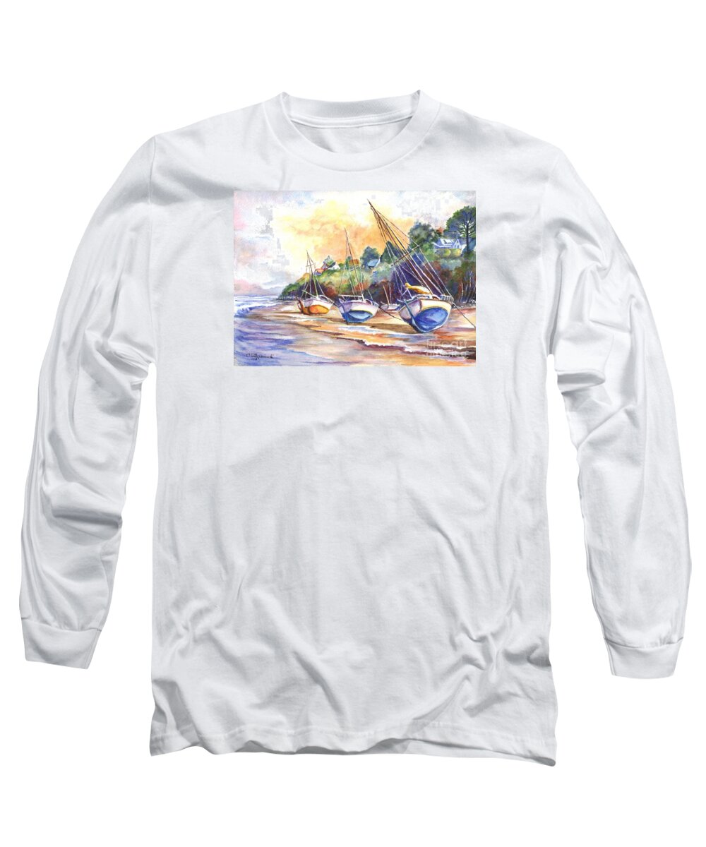 Hand Painted Long Sleeve T-Shirt featuring the painting Sunset Sail on Brittany Beach by Carol Wisniewski