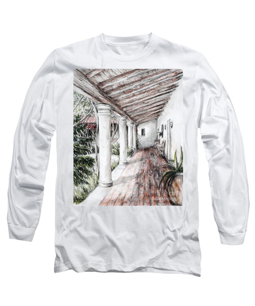 Portico Long Sleeve T-Shirt featuring the drawing Sunshine on portico by Danuta Bennett