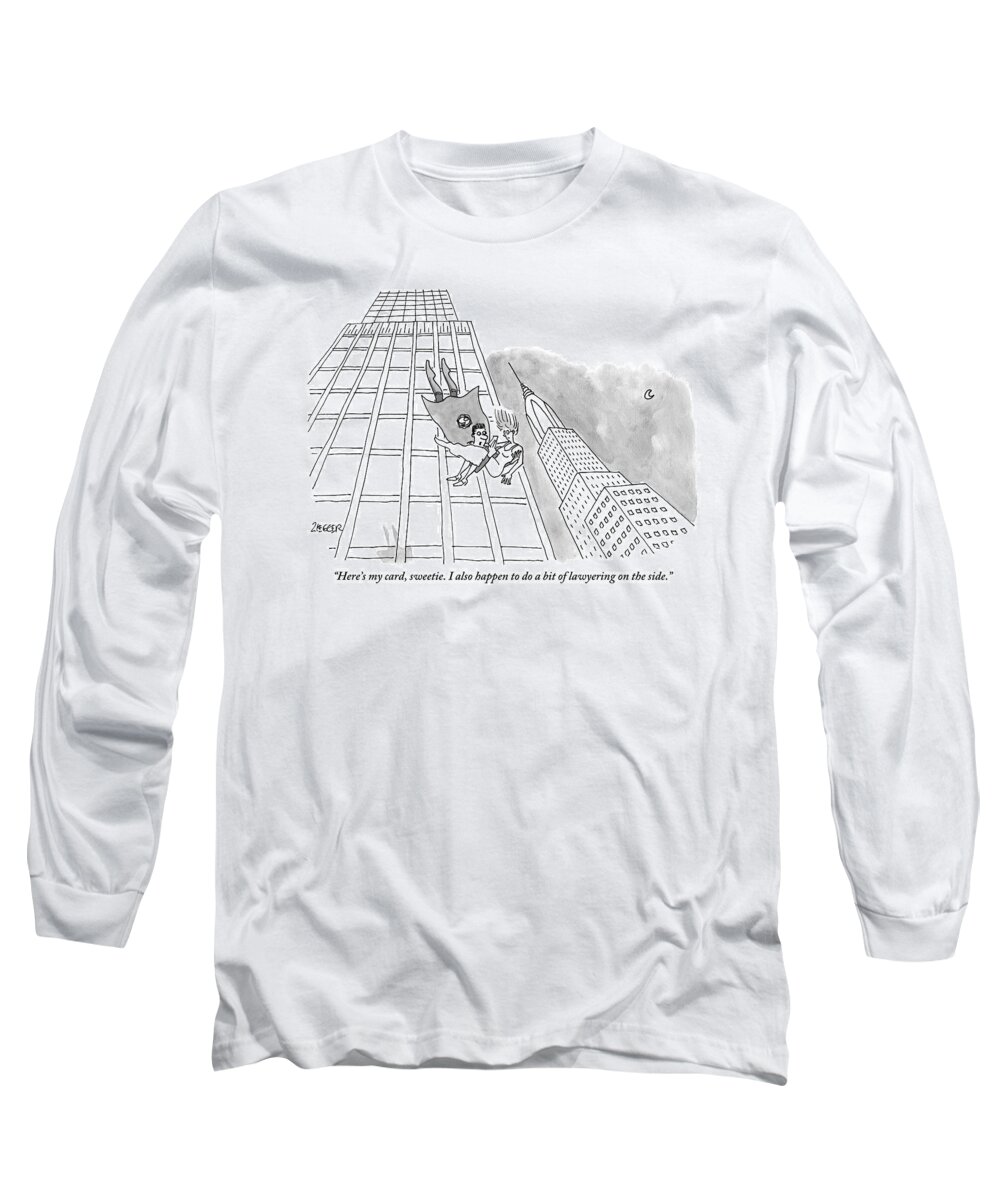 Superhero Long Sleeve T-Shirt featuring the drawing Superman Gives His Card To A Woman He Is Saving by Jack Ziegler