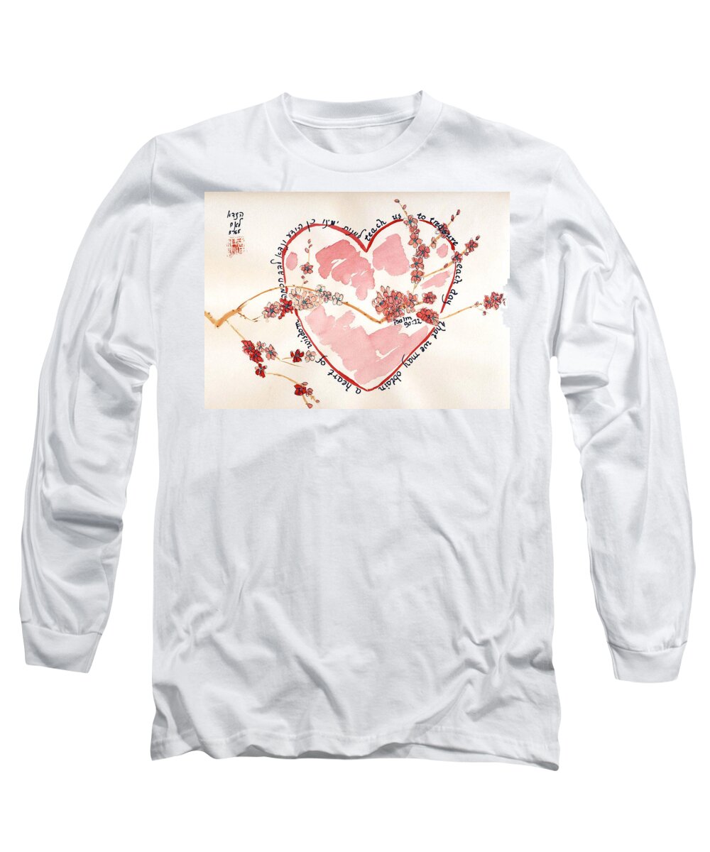 Psalm Long Sleeve T-Shirt featuring the painting Teach us - white by Linda Feinberg