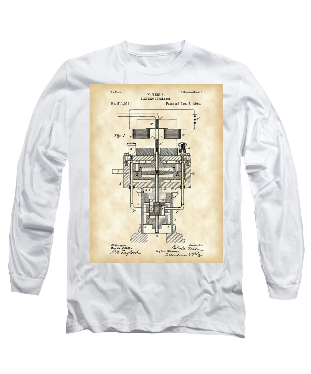 Tesla Long Sleeve T-Shirt featuring the digital art Tesla Electric Generator Patent 1894 - Vintage by Stephen Younts