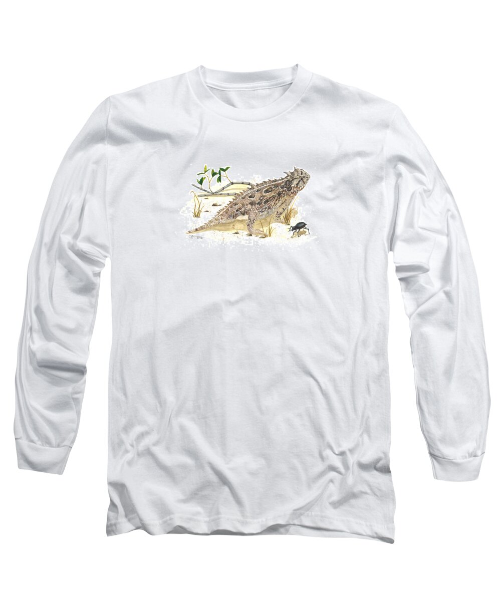 Texas Horned Lizard Long Sleeve T-Shirt featuring the painting Texas horned lizard by Cindy Hitchcock