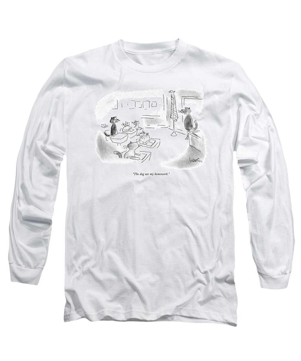Cats Long Sleeve T-Shirt featuring the drawing The Dog Ate My Homework by Arnie Levin