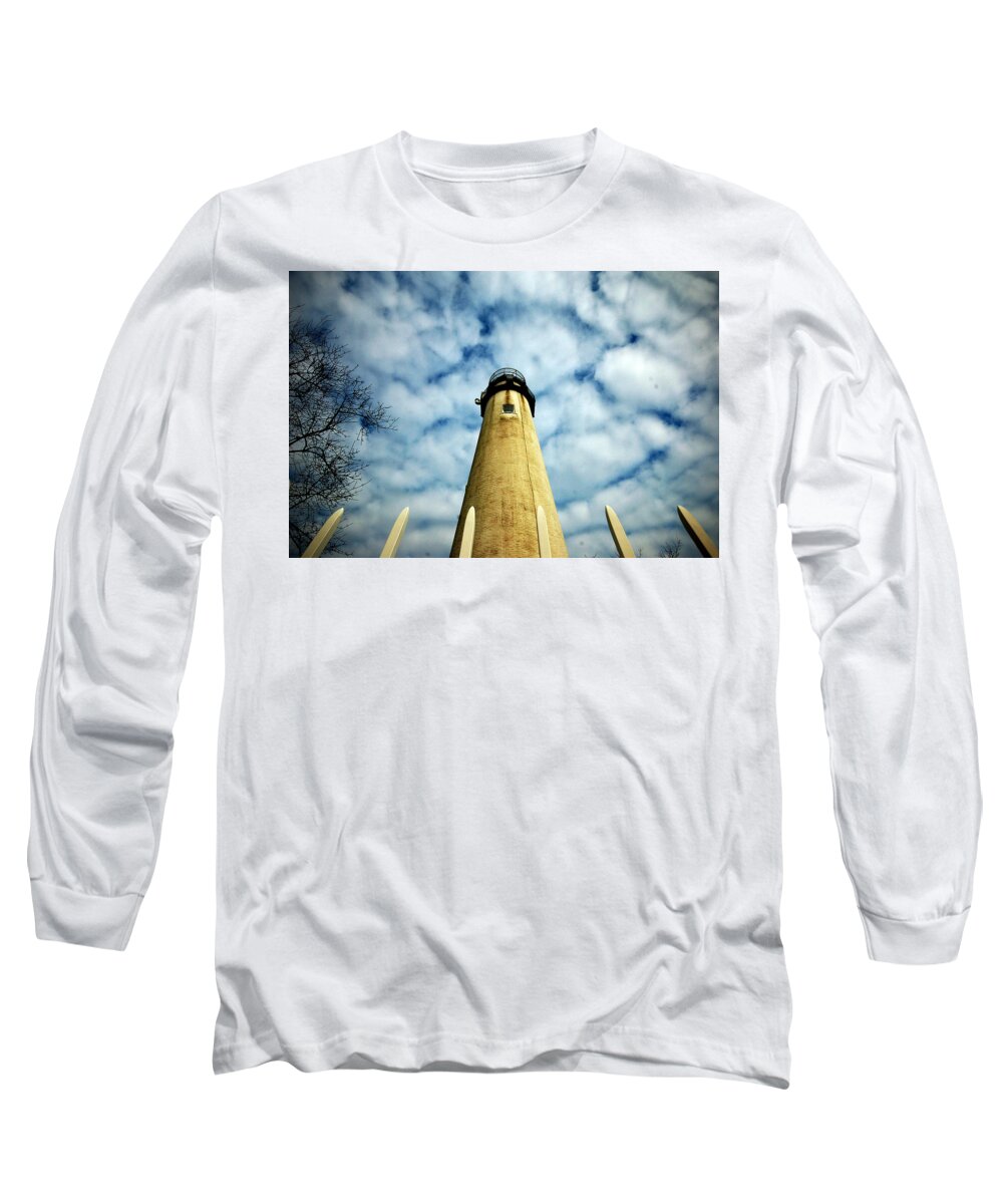 Lighthouse Long Sleeve T-Shirt featuring the photograph The Fenwick Light and a Mackerel Sky by Bill Swartwout