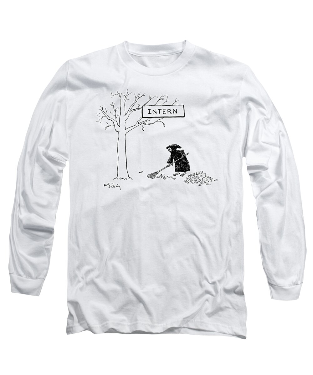 Grim Reaper Long Sleeve T-Shirt featuring the drawing The Grim Reaper Rakes Up A Pile Of Leaves by Mike Twohy