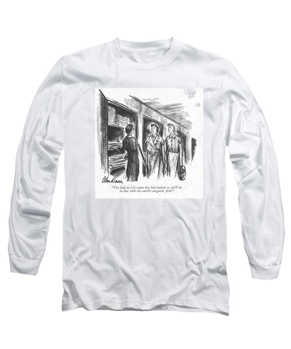 108351 Adu Alan Dunn Long Sleeve T-Shirt featuring the drawing The Lady In 912 by Alan Dunn