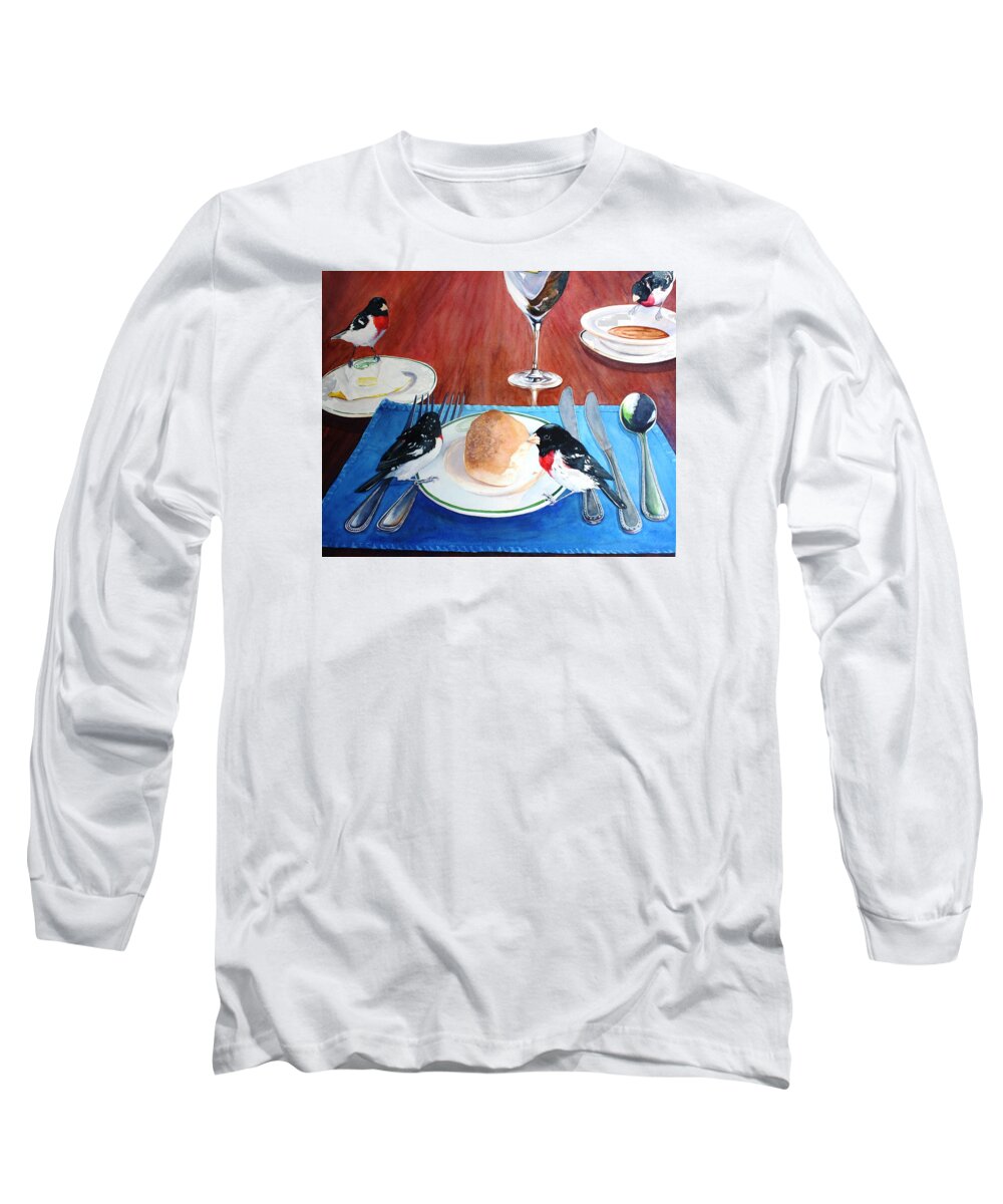  Grosbeak Long Sleeve T-Shirt featuring the painting The Local Lunch Crowd by Brenda Beck Fisher