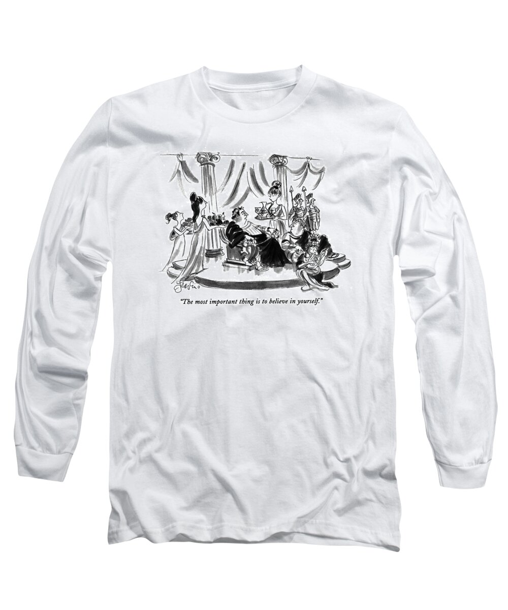 
(caesar On Throne Says To Advisor As Slave Girls Bring Wine And Food)
Psychology Long Sleeve T-Shirt featuring the drawing The Most Important Thing Is To Believe by Edward Frascino