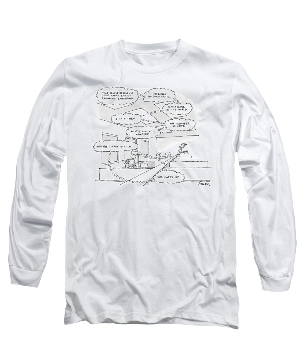 Diner Long Sleeve T-Shirt featuring the drawing The Thought Bubbles Of A Man In A Diner: That by Jack Ziegler