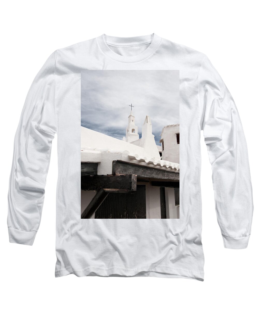 Azure Long Sleeve T-Shirt featuring the photograph Binibeca vell in Menorca is a small fishermen villa with the taste of past times - The white Chapel by Pedro Cardona Llambias