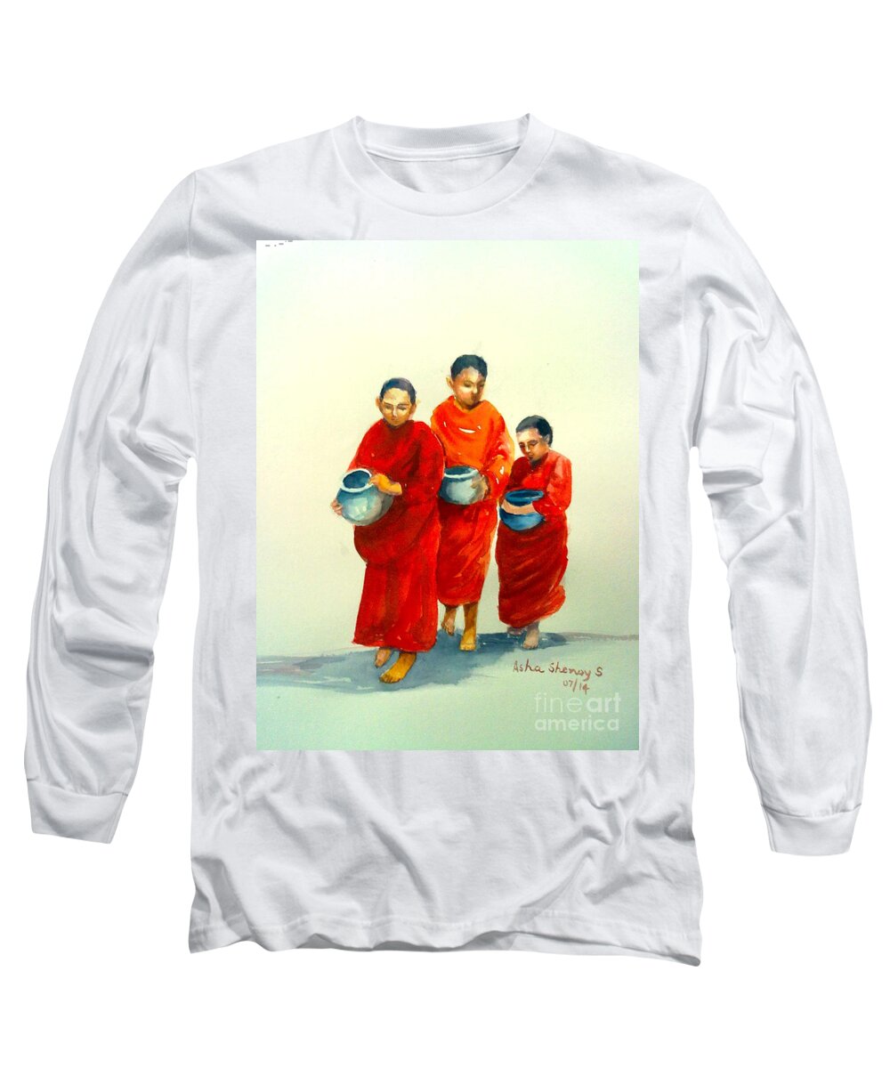 Monks Long Sleeve T-Shirt featuring the painting The young monks by Asha Sudhaker Shenoy