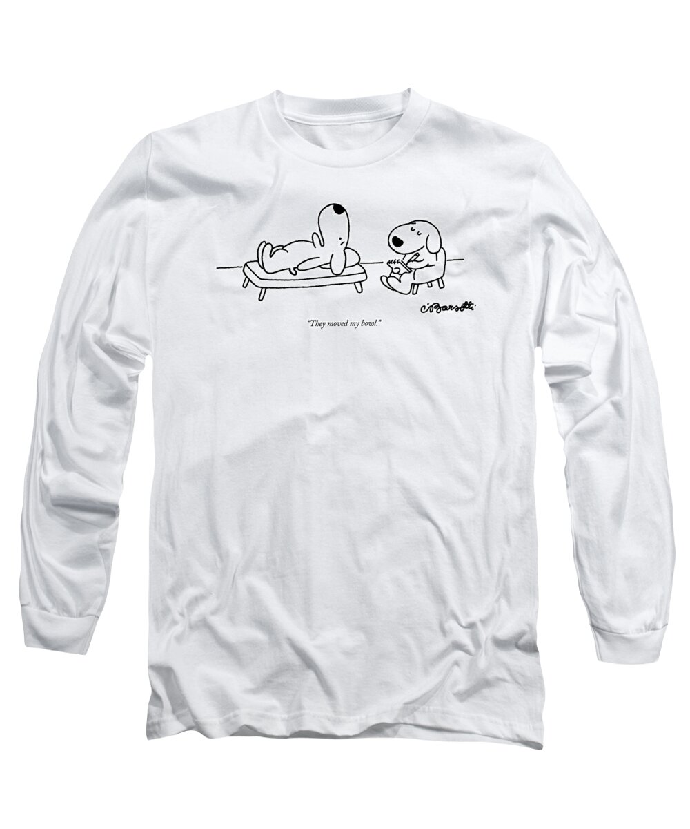 Animals Long Sleeve T-Shirt featuring the drawing They Moved My Bowl by Charles Barsotti