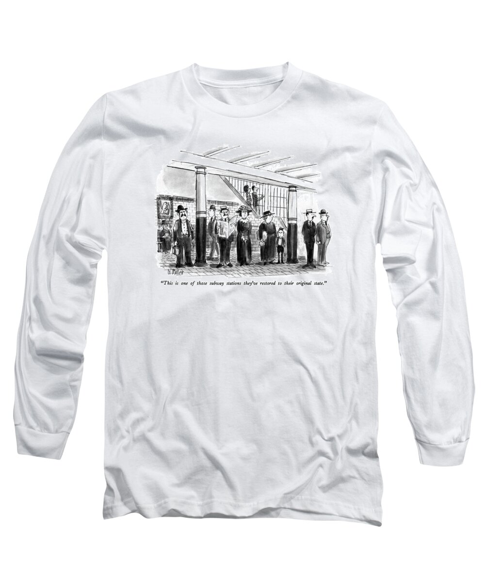 

 Man To Woman As They Decend Into Astor Place Subway Station Filled With People In Turn-of-the-century Garb. History Long Sleeve T-Shirt featuring the drawing This Is One Of Those Subway Stations They've by Warren Miller