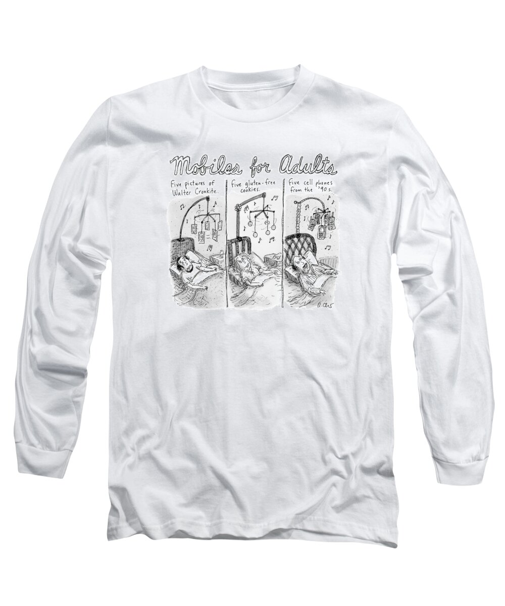 Captionless. Mobiles For Adults Long Sleeve T-Shirt featuring the drawing Three Adjacent Drawings Show Adults Lying In Bed by Roz Chast