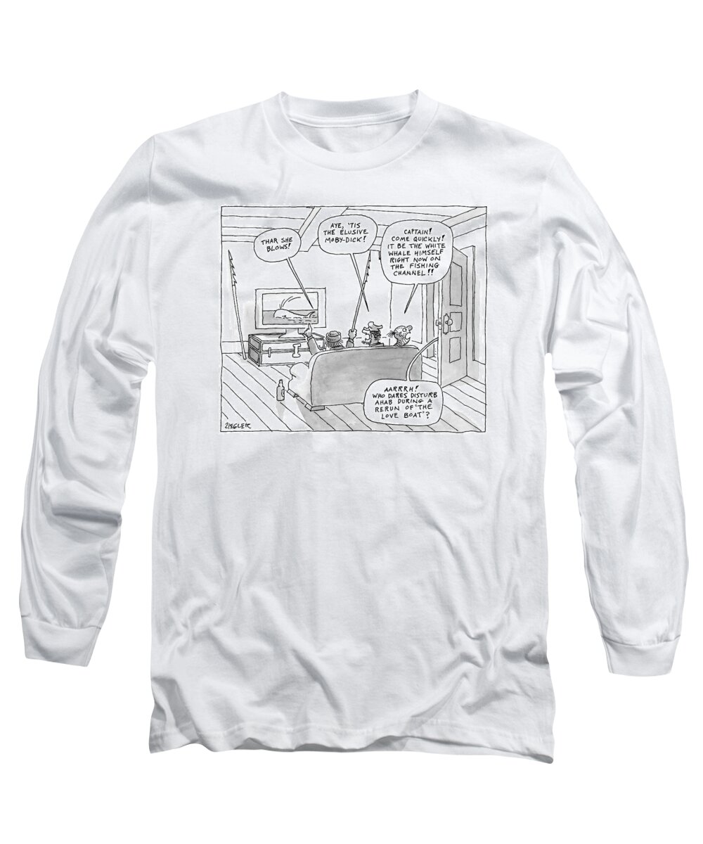 Captionless Moby Dick Long Sleeve T-Shirt featuring the drawing Three Characters From Moby Dick Spot The Whale by Jack Ziegler