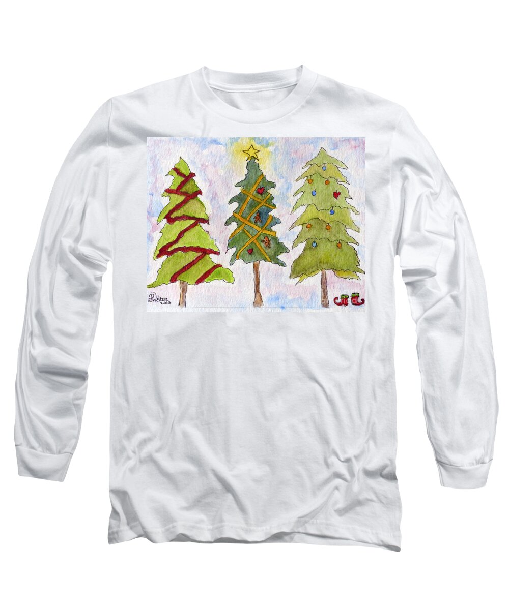 Christmas Long Sleeve T-Shirt featuring the painting Three Christmas Trees and elf slippers by Paula Joy Welter
