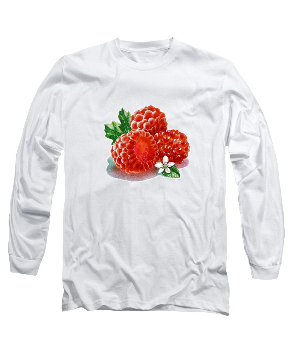 Raspberry Long Sleeve T-Shirt featuring the painting Three Happy Raspberries by Irina Sztukowski