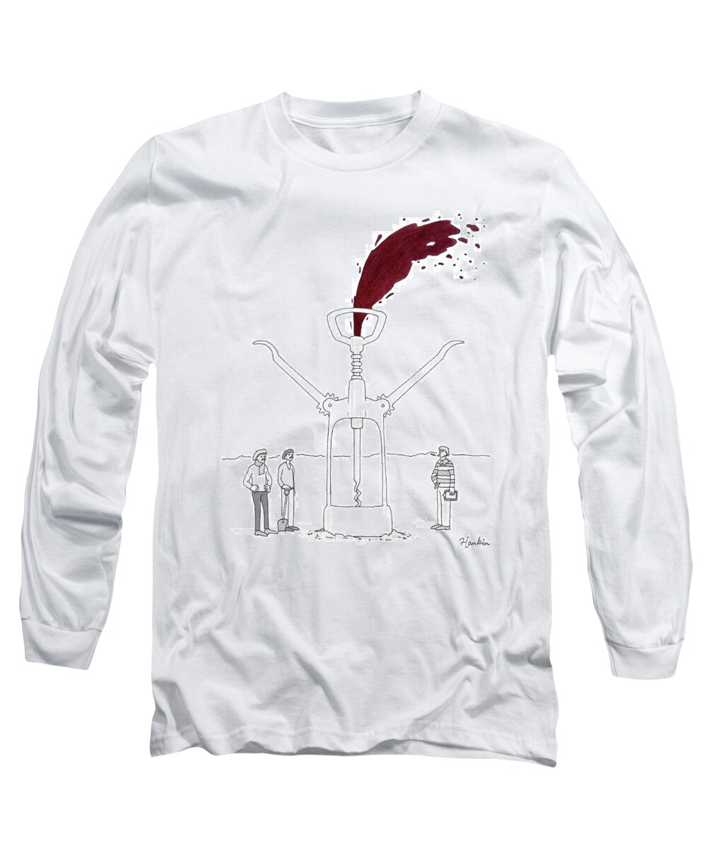 Captionless Long Sleeve T-Shirt featuring the drawing Three Men In Berets Drill Into The Ground by Charlie Hankin