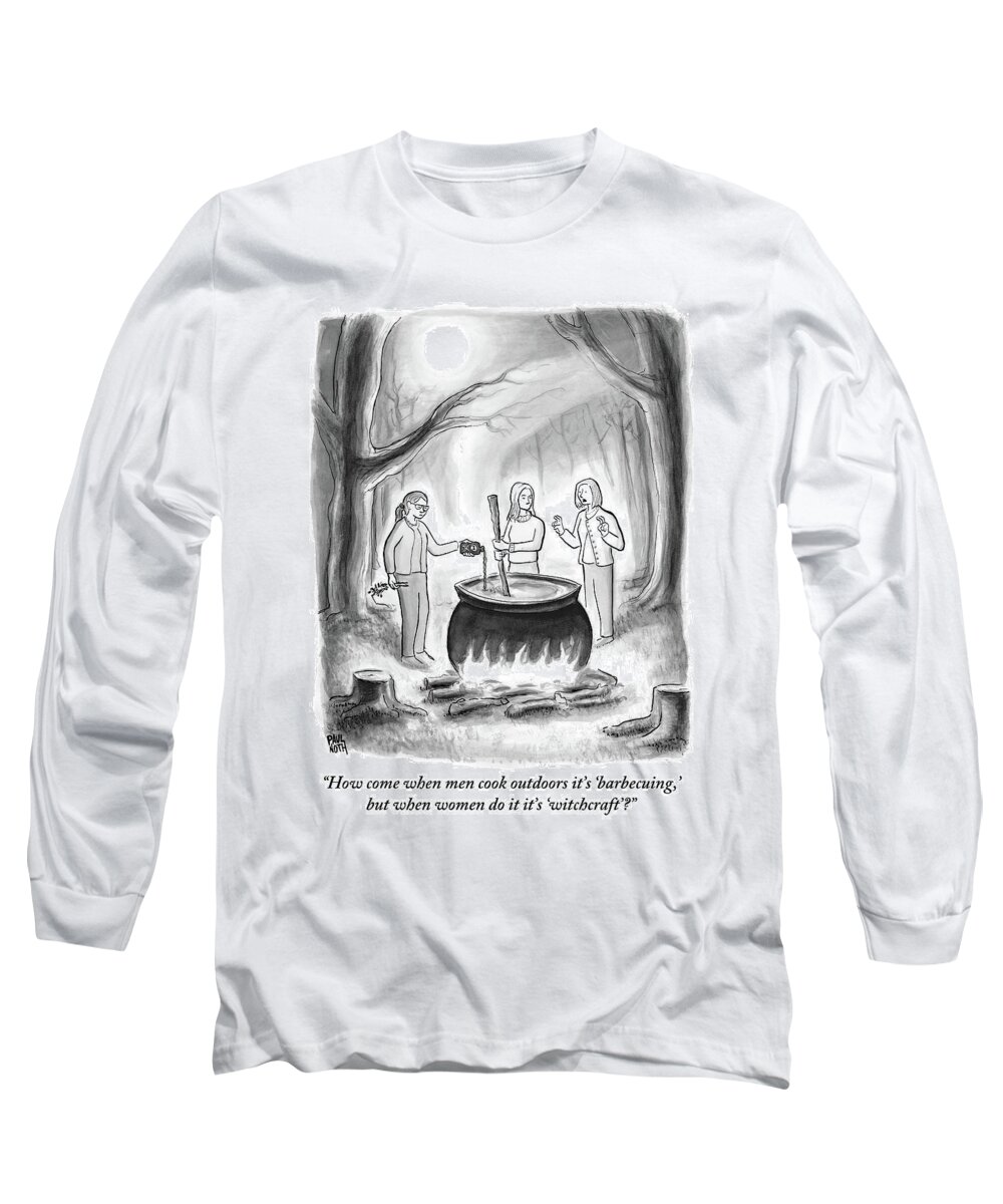 Witches Long Sleeve T-Shirt featuring the drawing Three Women Stand Around A Large Cauldron by Paul Noth