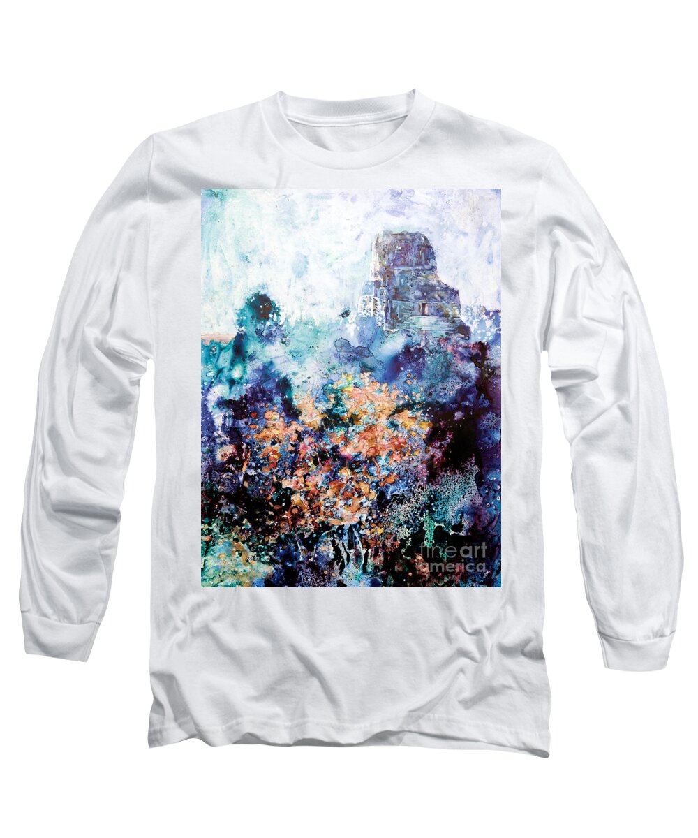 Ruins Long Sleeve T-Shirt featuring the painting Tikal Ruins by Ryan Fox