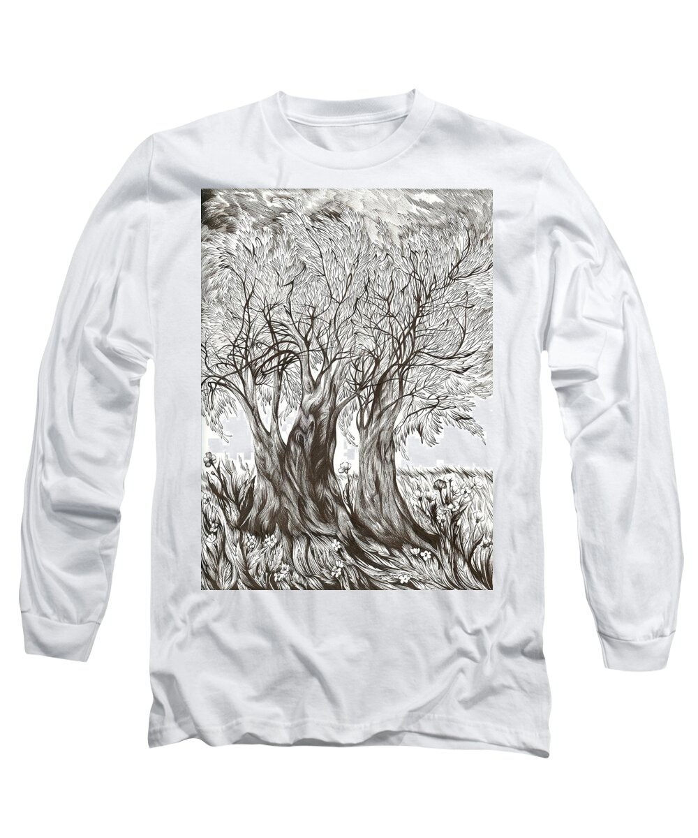 Pen And Ink Long Sleeve T-Shirt featuring the drawing Tuscany Olives by Anna Duyunova