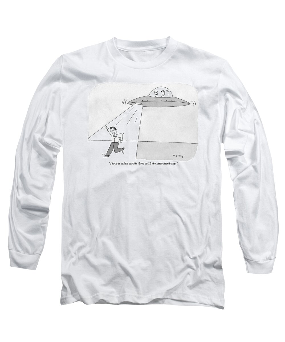 Space Travel - Aliens Long Sleeve T-Shirt featuring the drawing Two Aliens In A Flying Saucer Hit A Man by Peter C. Vey