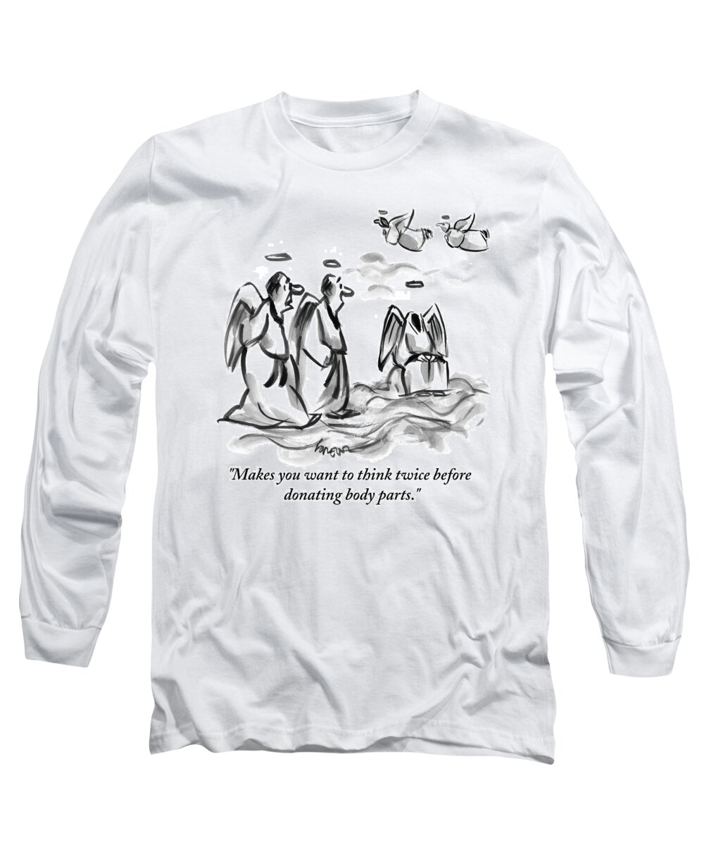 Heads Long Sleeve T-Shirt featuring the drawing Two Angels Discuss A Third Headless Angel by Lee Lorenz