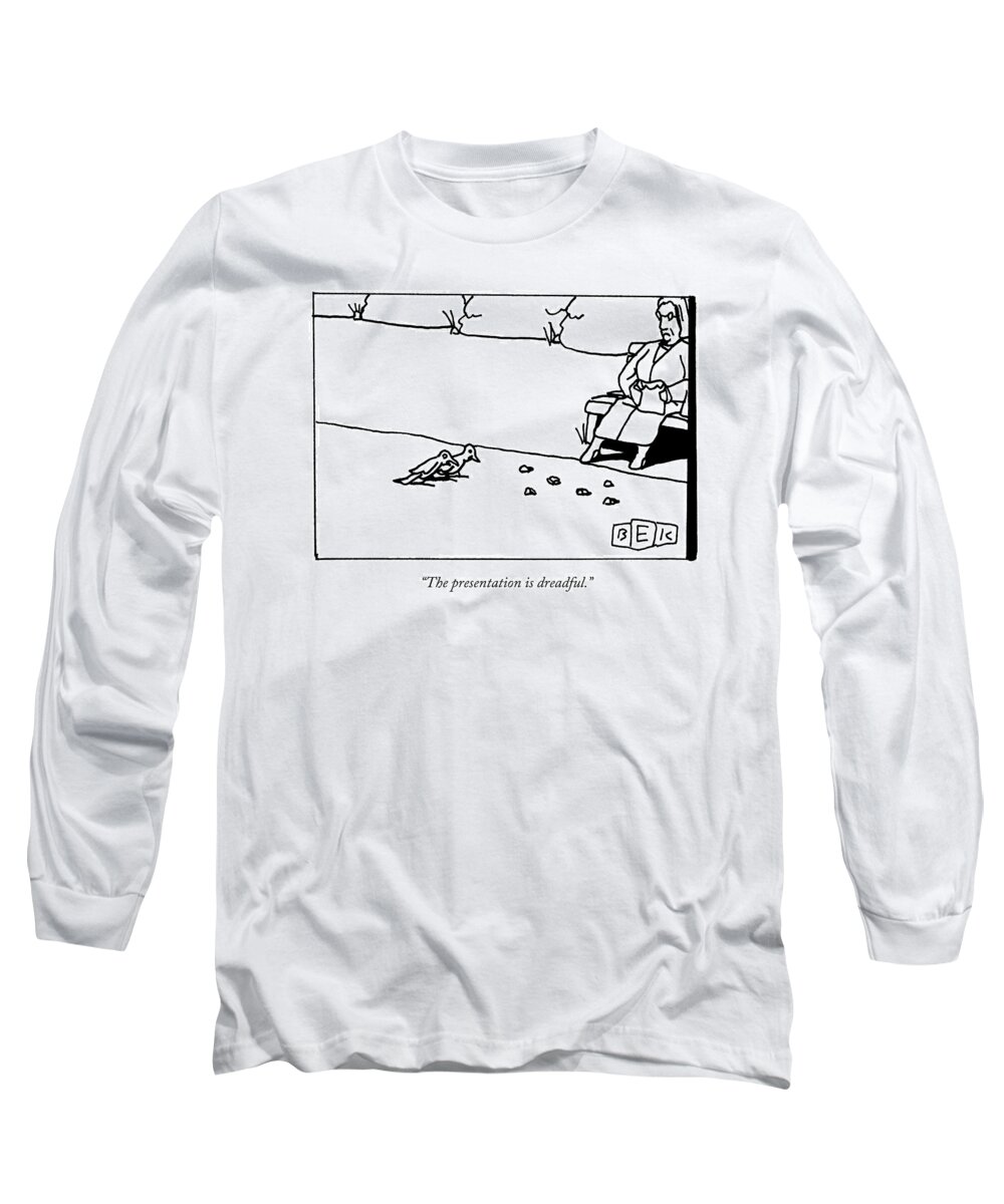 Birds Long Sleeve T-Shirt featuring the drawing Two Birds Examine The Bread Crumbs That A Woman by Bruce Eric Kaplan