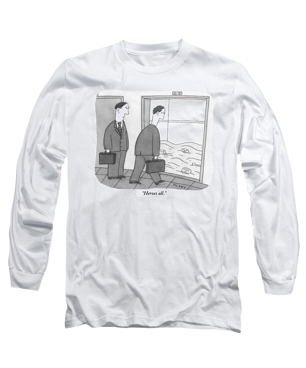 Heroes Long Sleeve T-Shirt featuring the drawing Two Businessmen Walk Towards An Open Elevator by Peter C. Vey