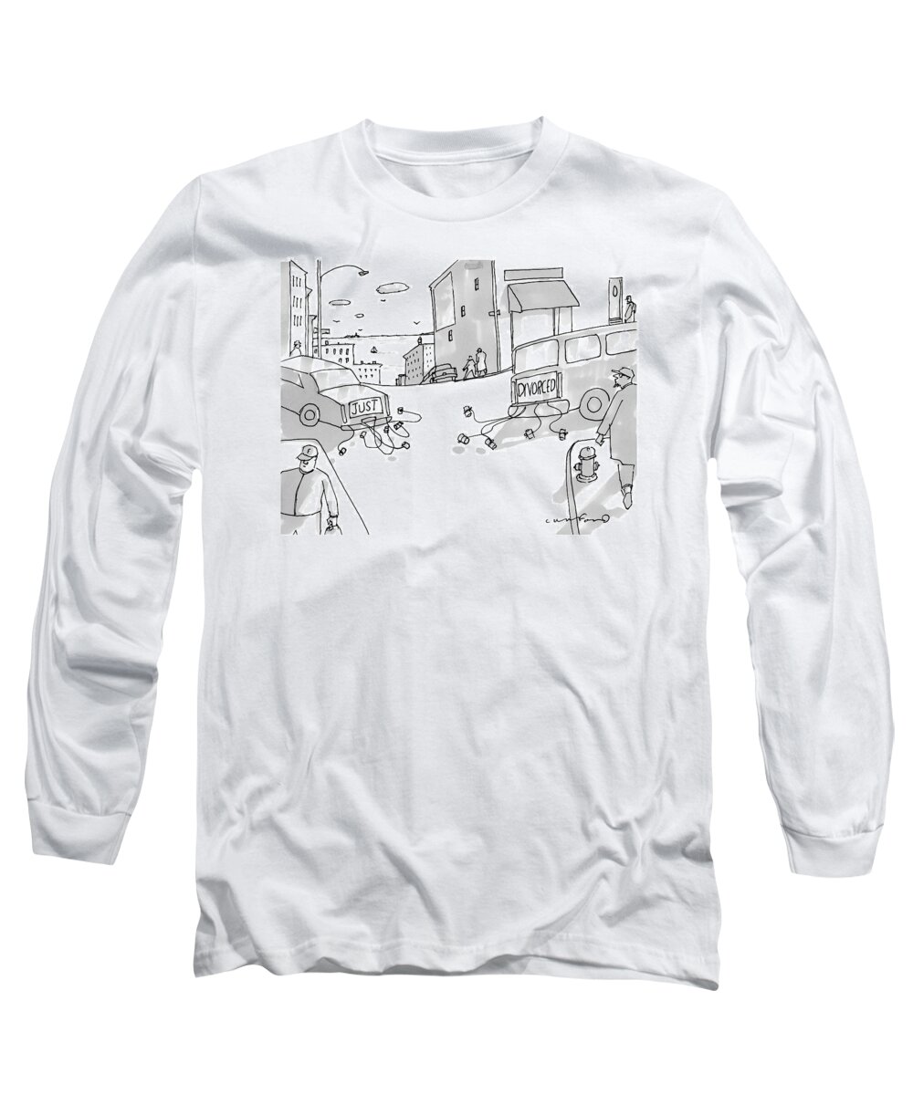 Just Divorced Long Sleeve T-Shirt featuring the drawing Two Cars Pull Away From Each Other With Cans Tied by Michael Crawford