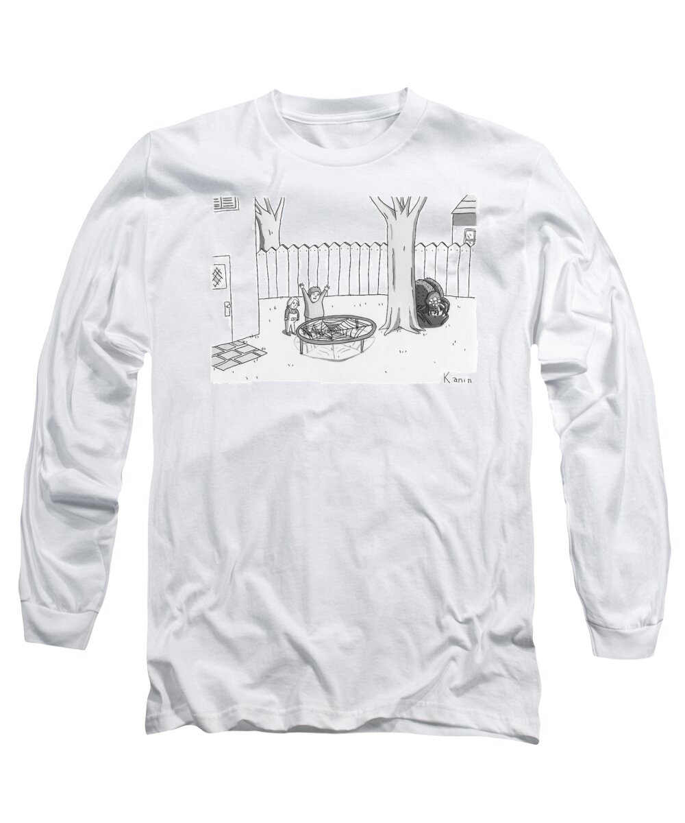 Spiders Long Sleeve T-Shirt featuring the drawing Two Children Excitedly Look At A Web Disguised by Zachary Kanin