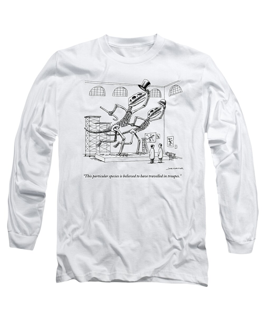 This Particular Species Is Believed To Have Travelled In Troupes. Long Sleeve T-Shirt featuring the drawing Two Dinosaur Skeletons At A Museum by Joe Dator