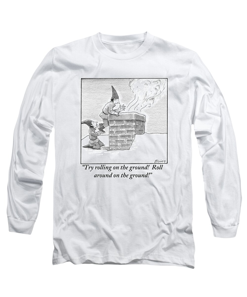 Fire Long Sleeve T-Shirt featuring the drawing Two Elves On A Snow-covered Roof Yell by Harry Bliss