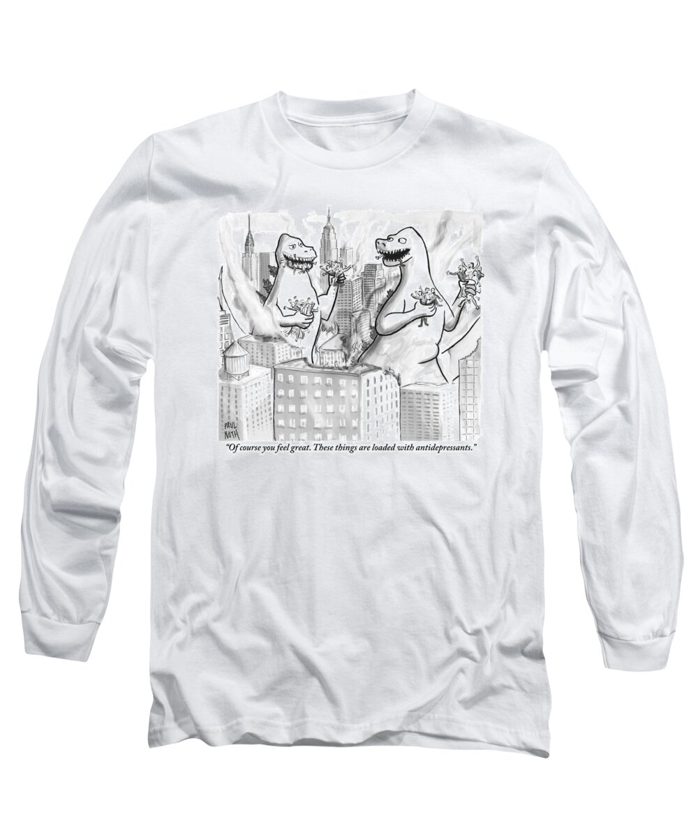 Godzilla Long Sleeve T-Shirt featuring the drawing Two Godzillas Talk To Each Other by Paul Noth