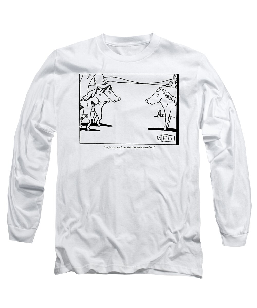 Horses Long Sleeve T-Shirt featuring the drawing Two Horses Approach Another In A Meadow by Bruce Eric Kaplan