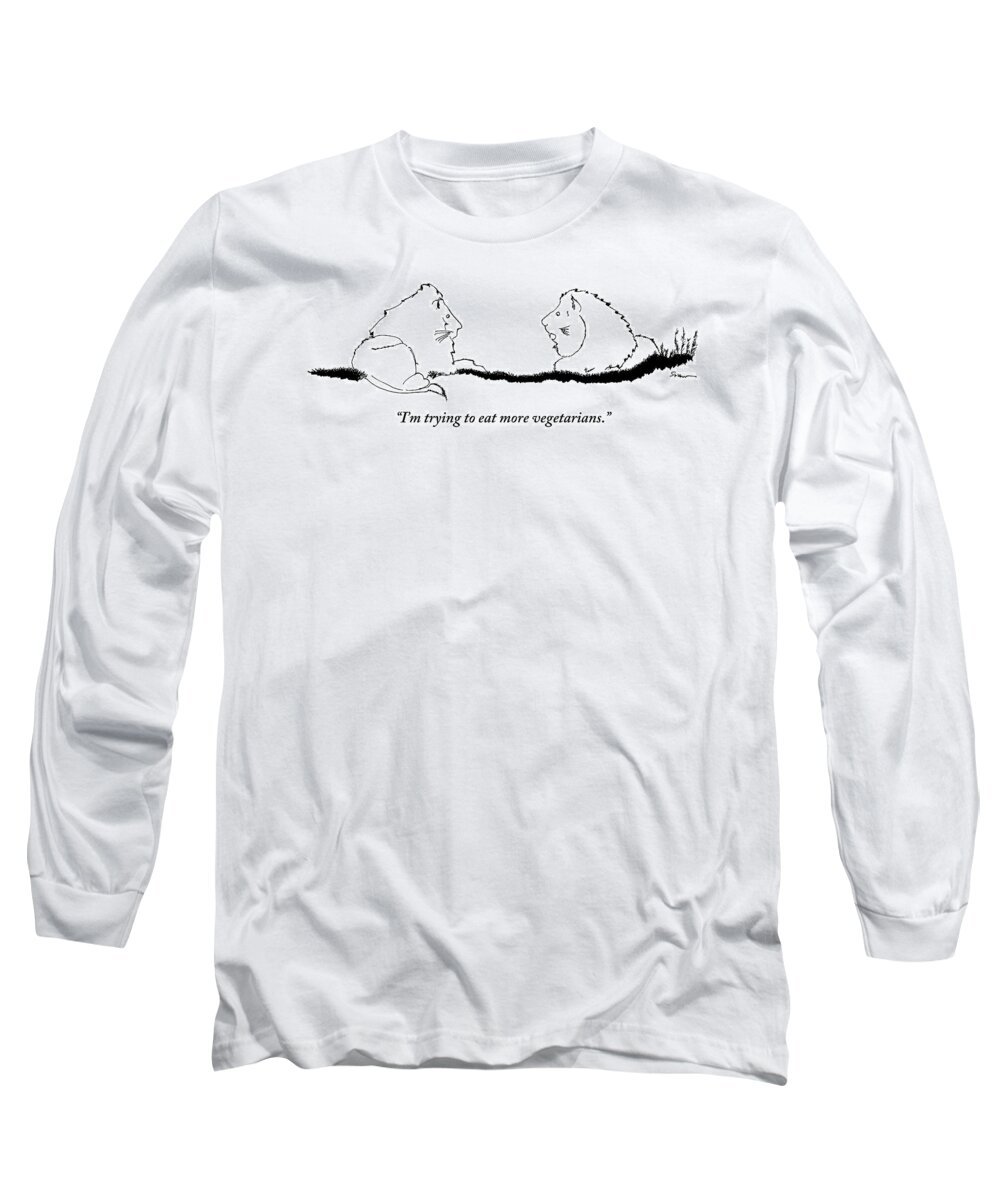 Lions Long Sleeve T-Shirt featuring the drawing Two Lions Sit Conversing by Michael Shaw