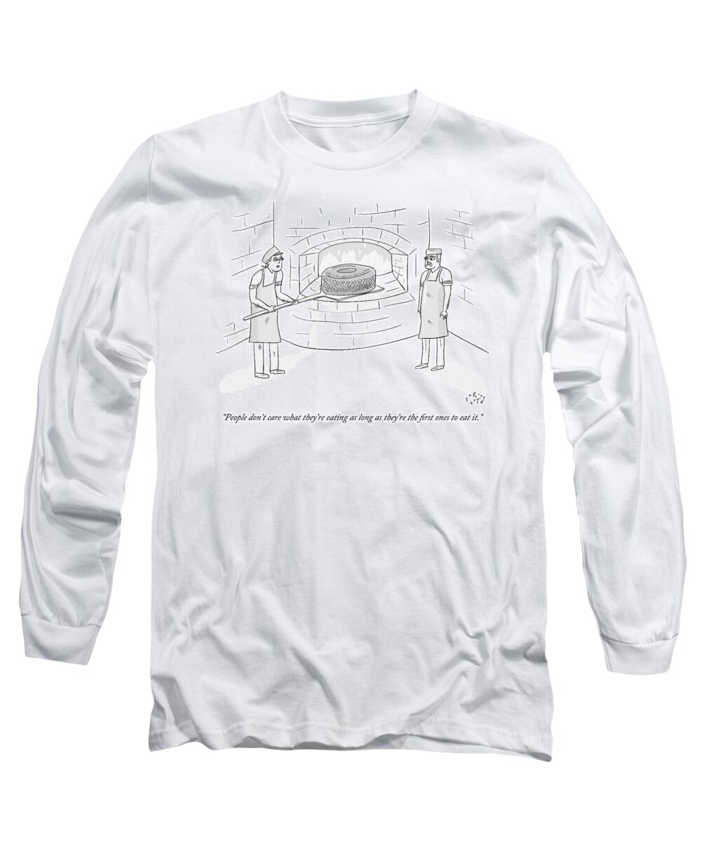 Car Tire Long Sleeve T-Shirt featuring the drawing Two Men Place A Car Tire Into A Brick Oven by Farley Katz