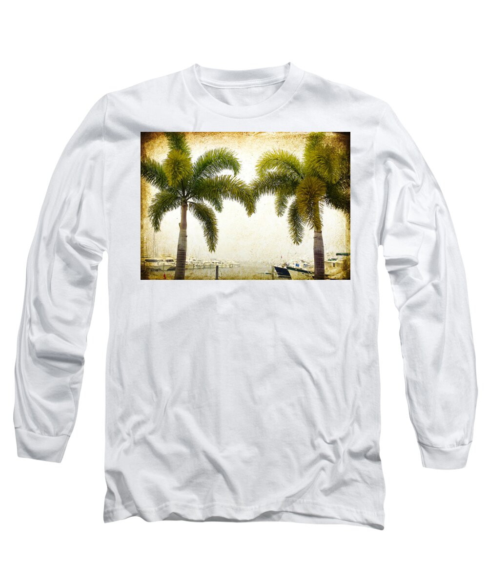 Palm-trees Long Sleeve T-Shirt featuring the photograph Two Palms Marina Vintage Image Art by Jo Ann Tomaselli