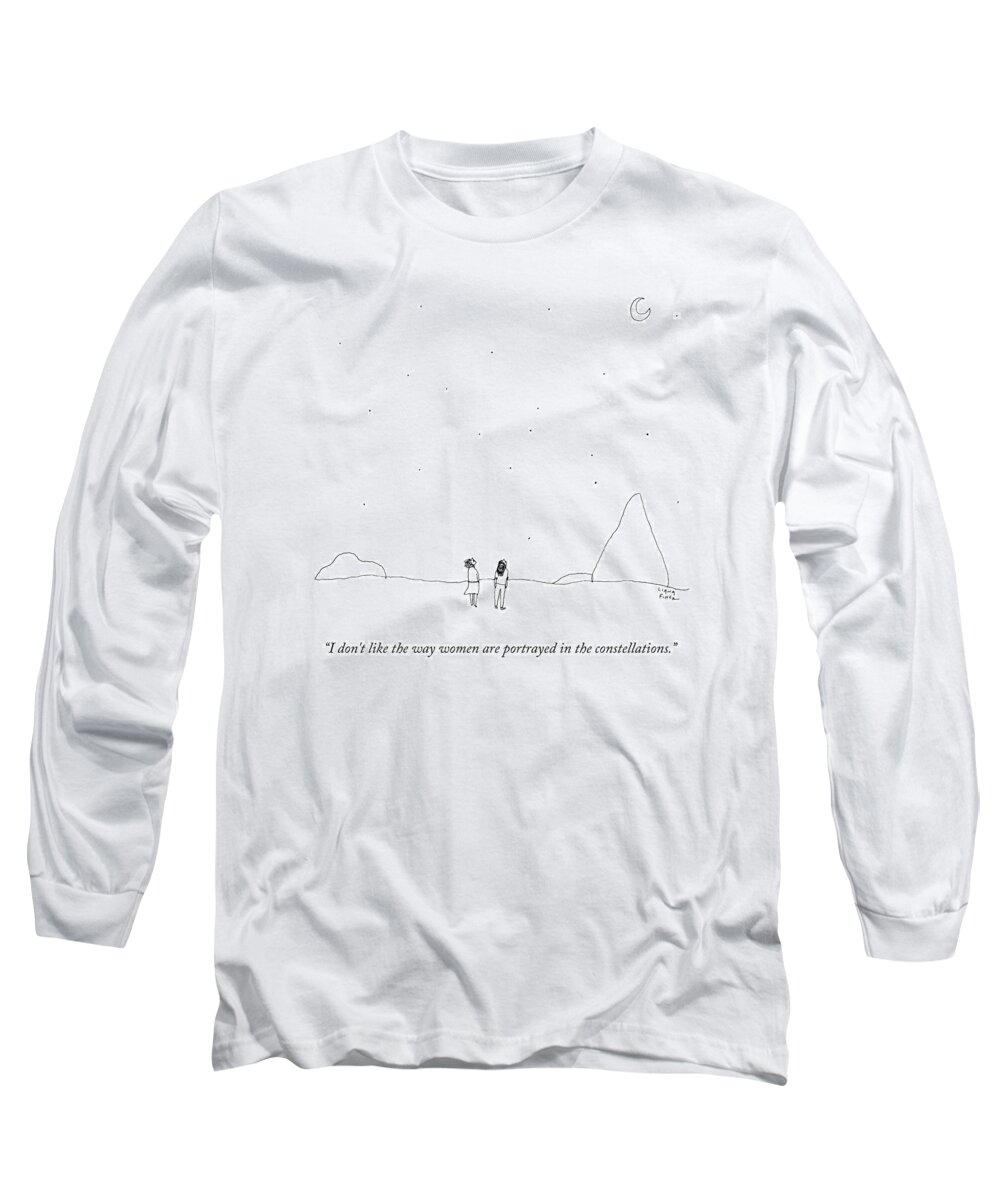 Stargazing Long Sleeve T-Shirt featuring the drawing Two People Look At The Stars by Liana Finck