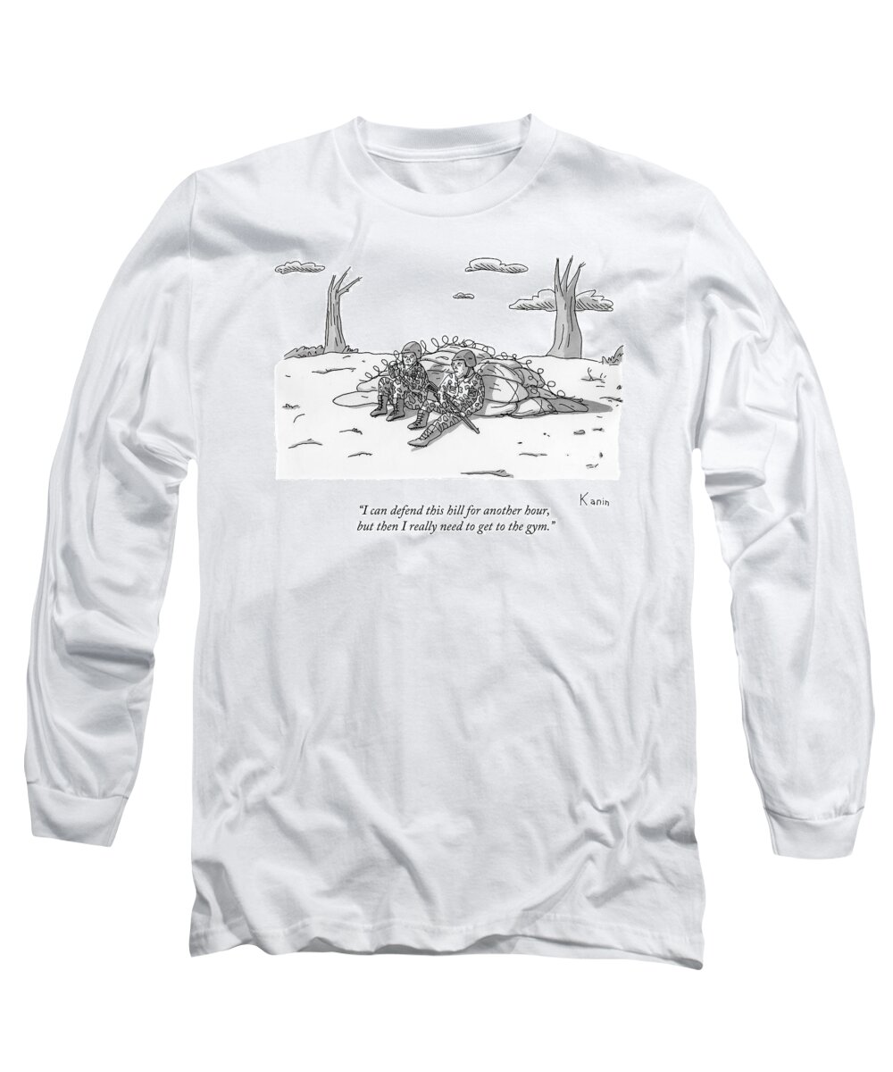 Soldiers Long Sleeve T-Shirt featuring the drawing Two Soldiers Talk While Hidden Behind A Bunker by Zachary Kanin