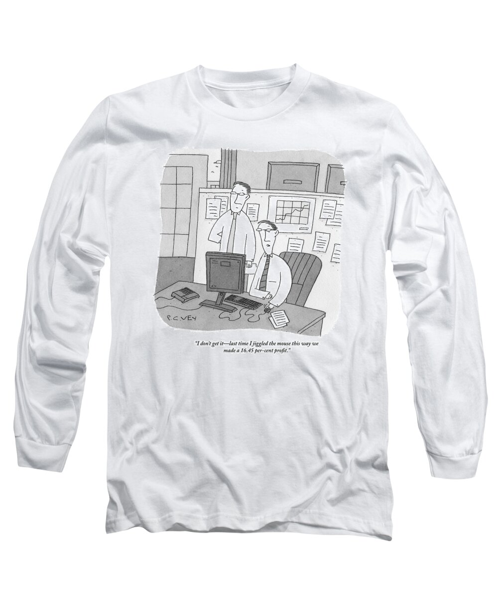 Profit Long Sleeve T-Shirt featuring the drawing Two Stockbrokers Look At A Computer by Peter C. Vey