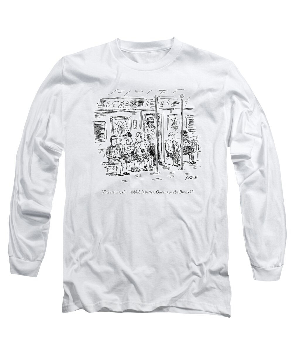 Tourists Long Sleeve T-Shirt featuring the drawing Two Tourists On The Subway Ask A New Yorker by David Sipress