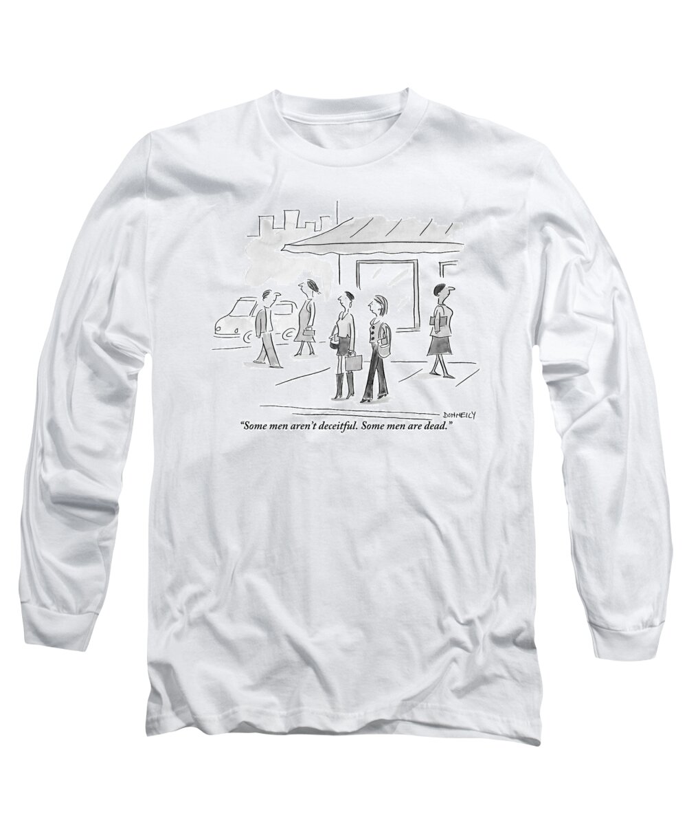 Deceit Long Sleeve T-Shirt featuring the drawing Two Women Talking To Each Other On A Sidewalk by Liza Donnelly