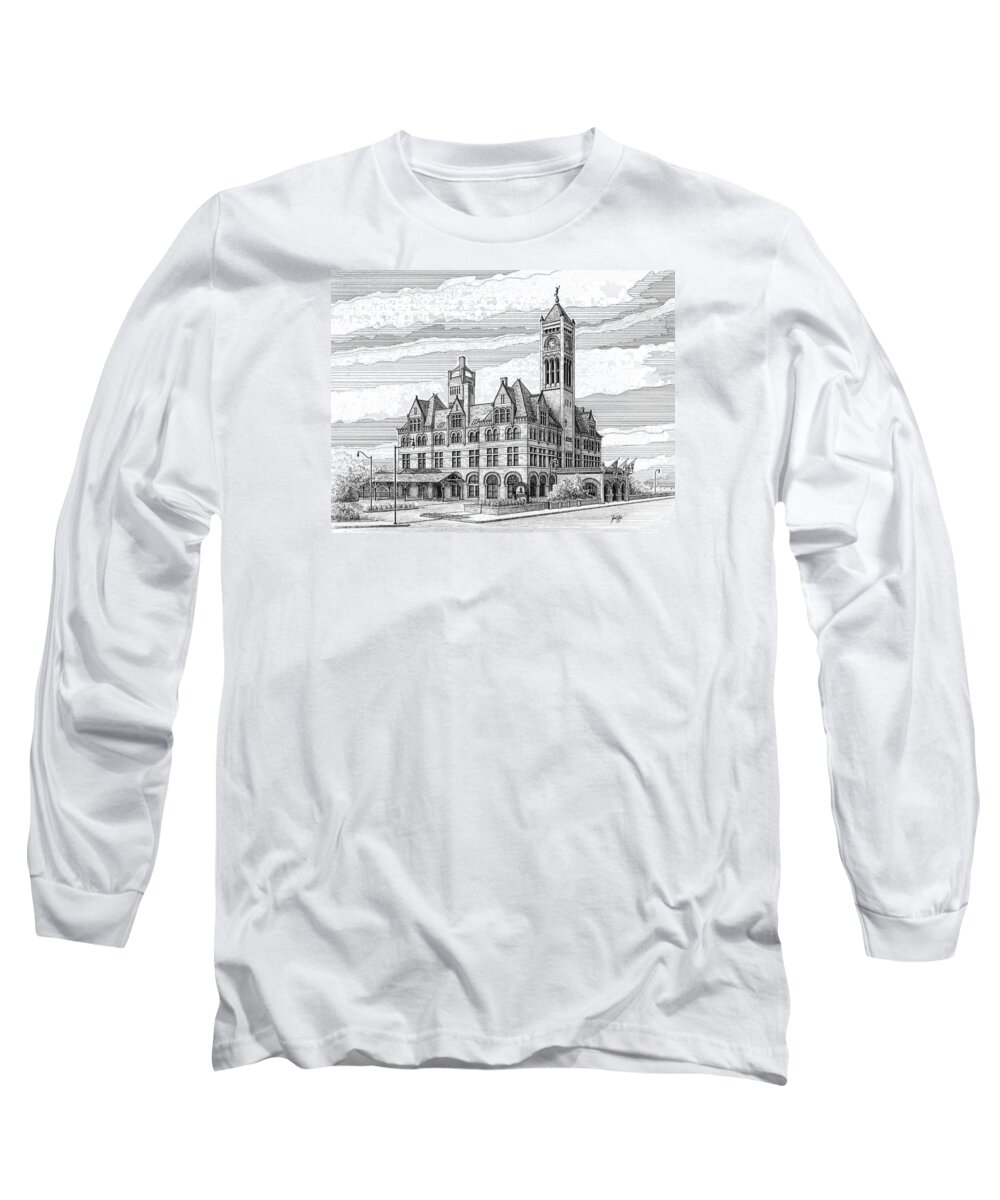 Union Station In Nashville Long Sleeve T-Shirt featuring the drawing Union Station in Nashville TN by Janet King