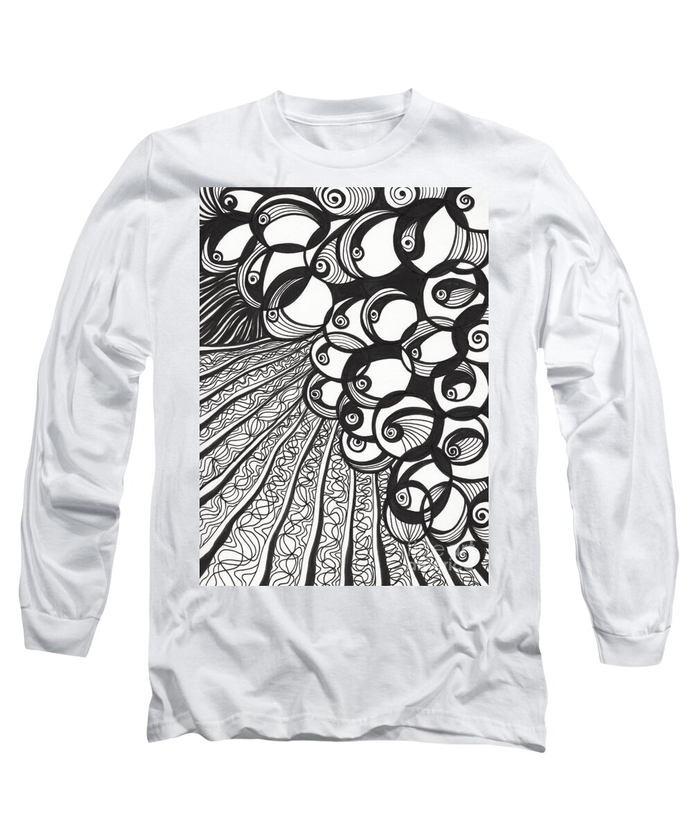 Vineyard Long Sleeve T-Shirt featuring the drawing Vineyard Black and White by Lynellen Nielsen